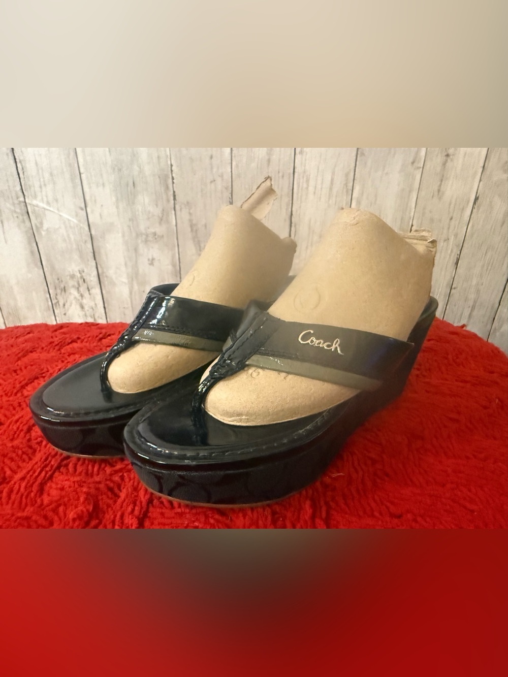 COACH Jody wedge heel thong sandals size 7.5 black & heather gray stripe